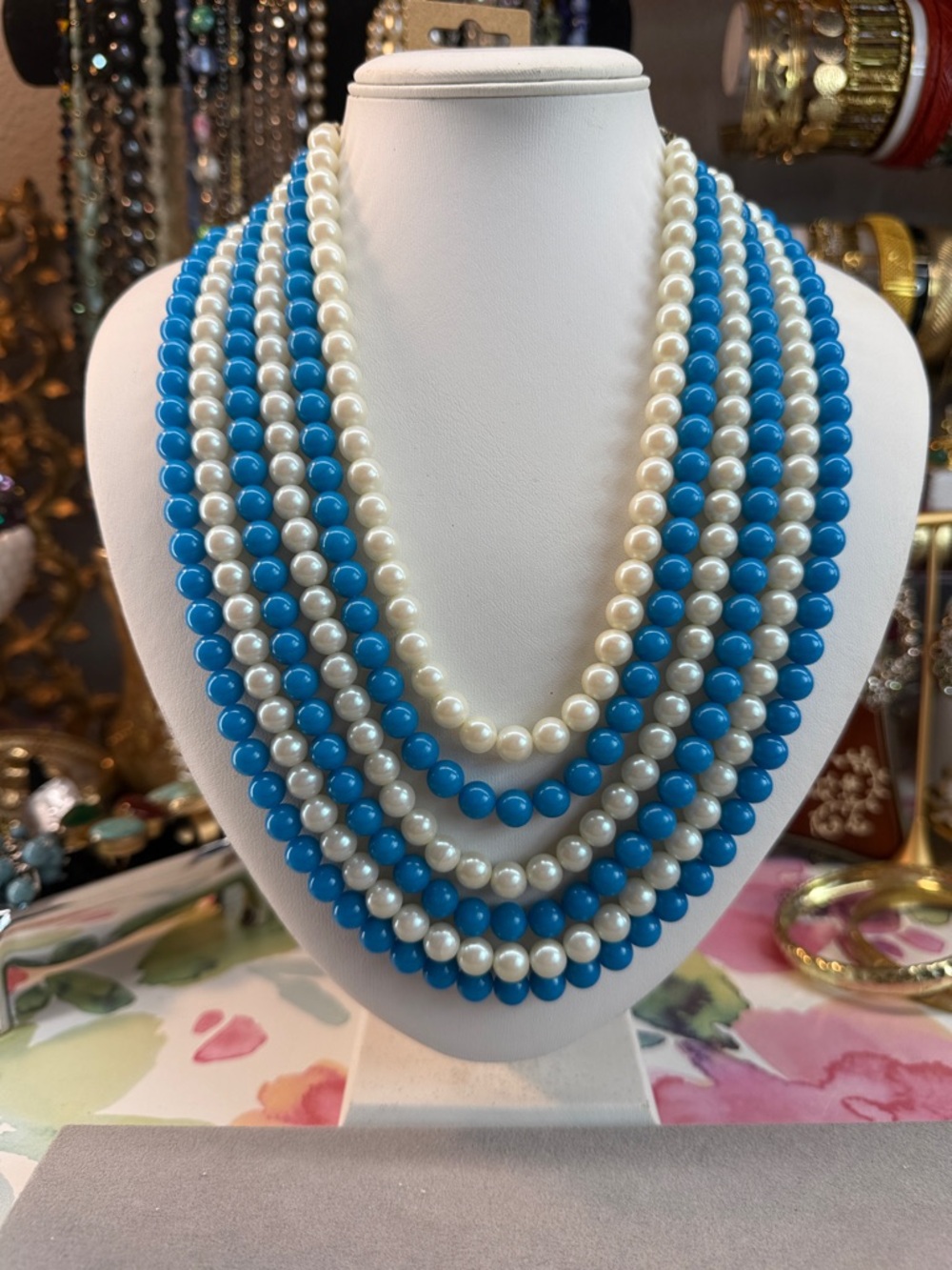 Rare! Vintage Japan Elegant Blue and White Beaded Multi-Strand Necklace